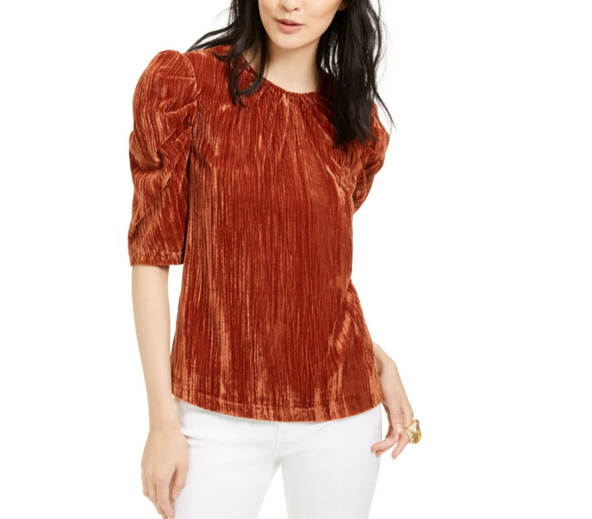 Leyden Women's Crushed Velvet Puff-Sleeve Top Brown Size Medium