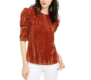 Leyden Women's Crushed Velvet Puff-Sleeve Top Brown Size Medium