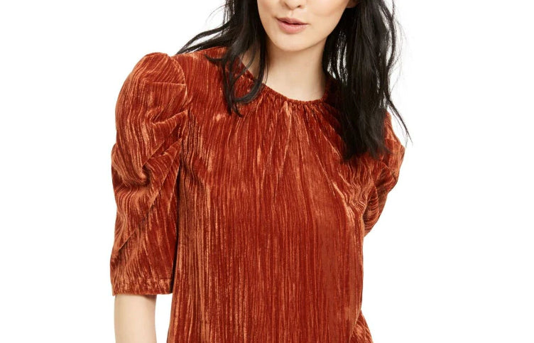 Leyden Women's Crushed Velvet Puff-Sleeve Top Brown Size Medium