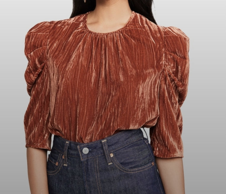 LEYDEN Women's Crushed Velvet Puff-Sleeve Top Brown Size Small