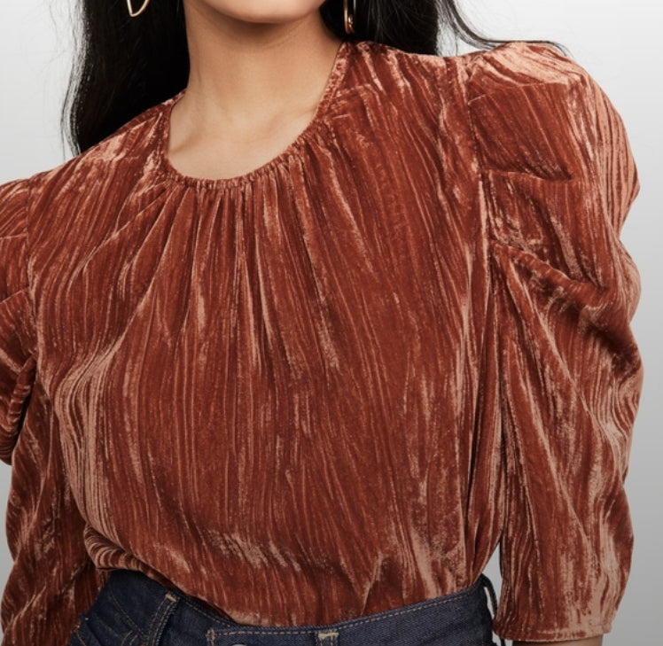LEYDEN Women's Crushed Velvet Puff-Sleeve Top Brown Size Small