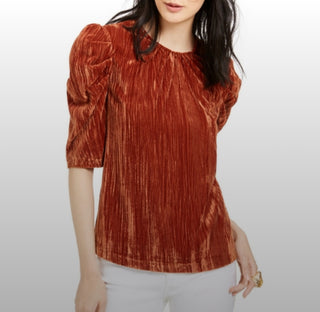 LEYDEN Women's Crushed Velvet Puff-Sleeve Top Brown Size Small