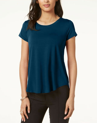Alfani Women's Satin Trim High Low T-Shirt Blue Size Petite Small