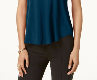 Alfani Women's Satin Trim High Low T-Shirt Blue Size Petite Small