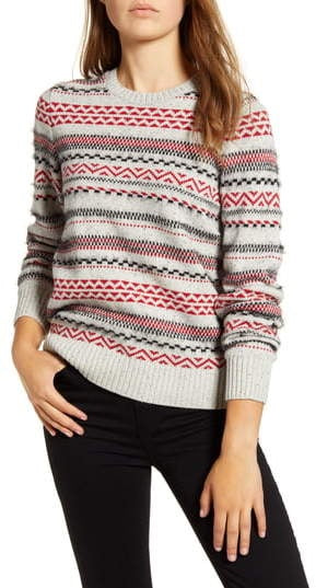 Lucky Brand Women's Stripe Fair Isle Cotton & Wool Blend Sweater Grey Size Medium