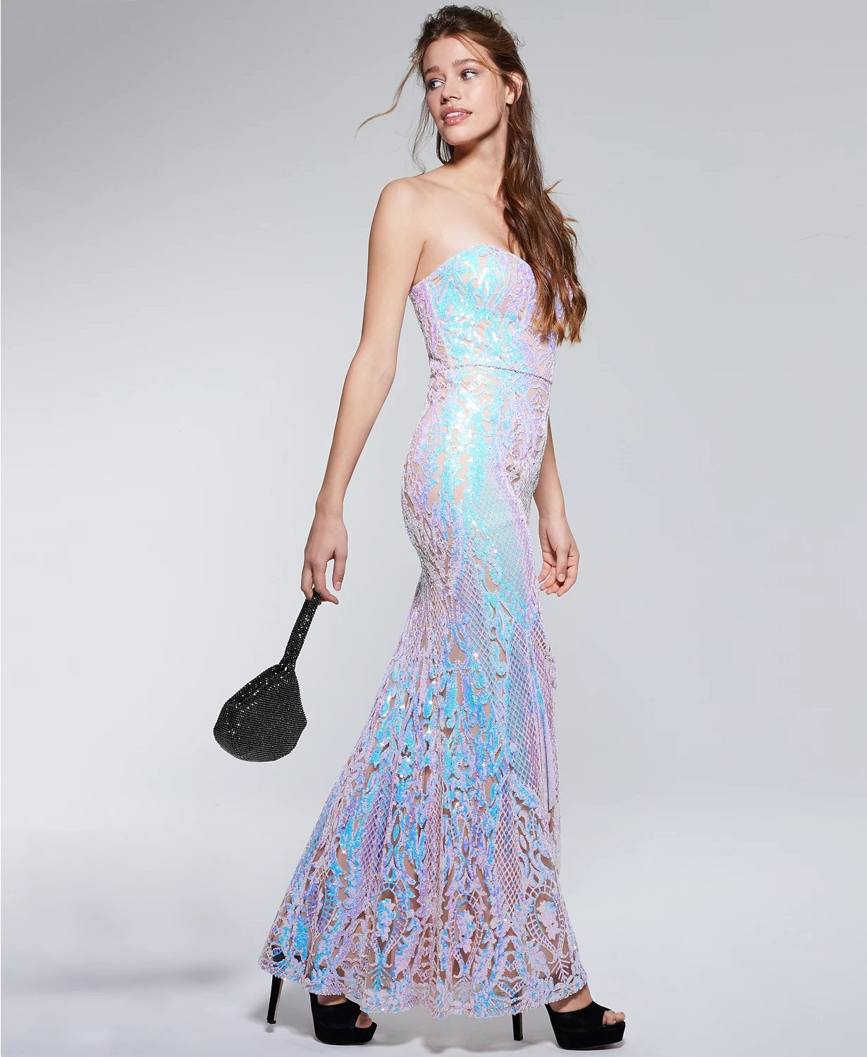 Say Yes To The Prom Juniors' Iridescent Sequin Mermaid Gown Turq/Aqua Size 7