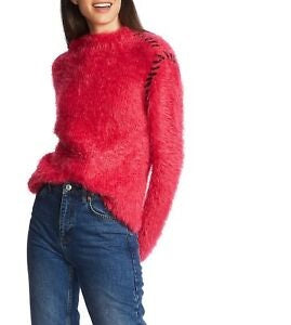 1.STATE Women's Eyelash Fringe Mockneck Sweater Pink