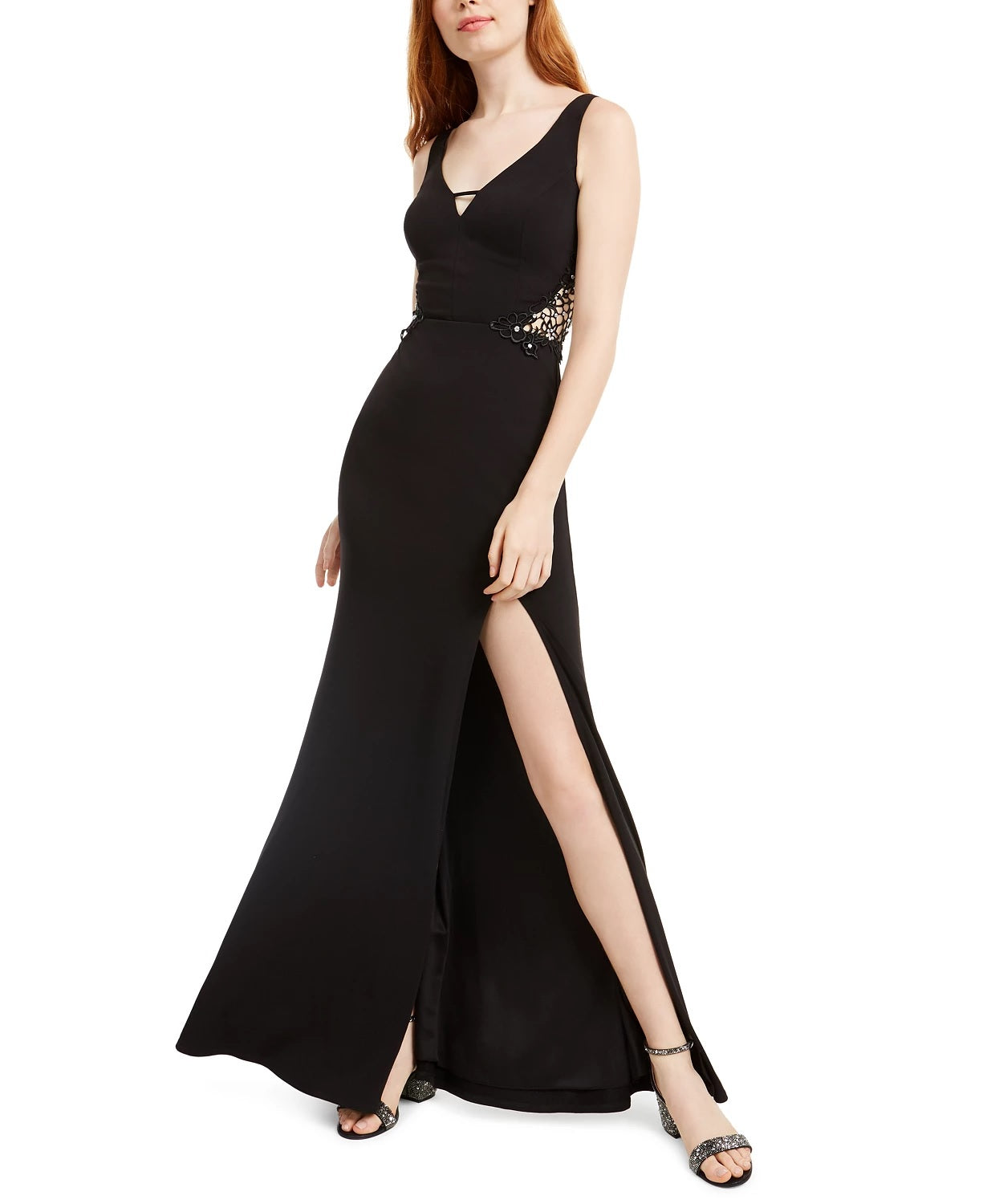 City Studios Juniors' Embellished-Applique Slit Gown Black Size 3
