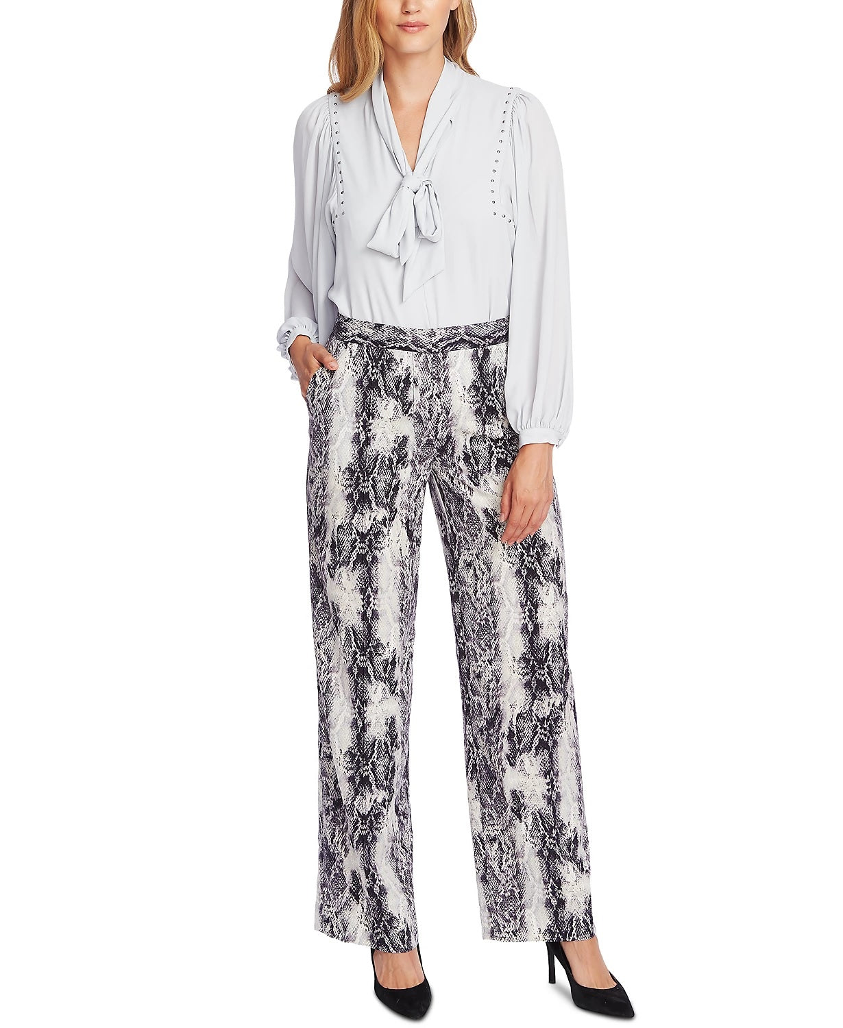 Vince Camuto Women's Snake Print Pintuck Wide Leg Trousers Gray Size 2