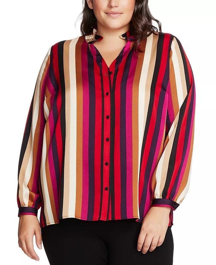 Vince Camuto Women's Mayfair Stripe Ruffle Neck Satin Blouse Red Size 3X