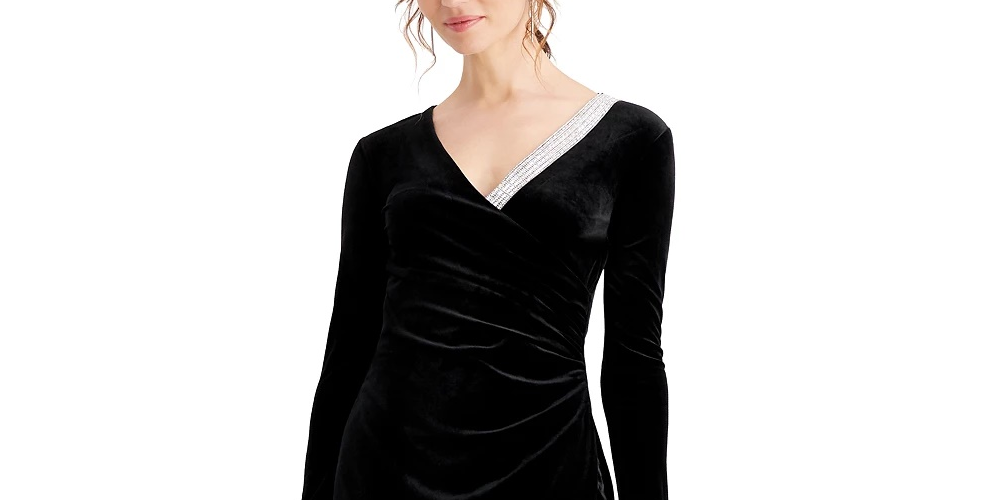 MSK Women's Velvet Embellished Faux Wrap Dress Black Size Large
