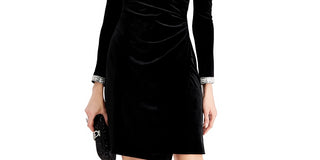 MSK Women's Velvet Embellished Faux Wrap Dress Black Size Large