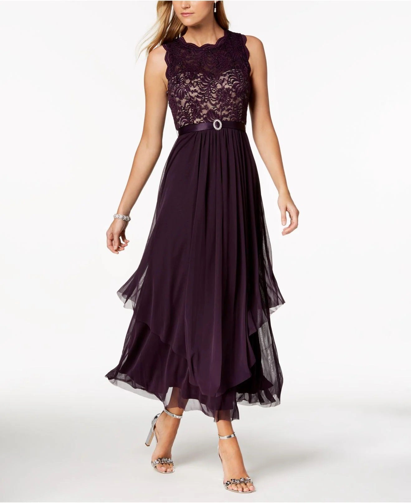 R & M Richards Women's Petite Sequined Lace And Chiffon Gown Purple Size 1