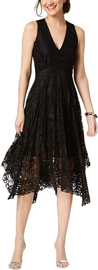 Taylor Women's Printed Lace Handkerchief Hem Dress Black Size 4