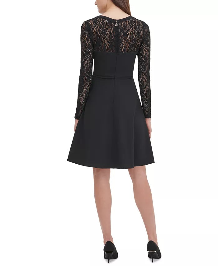 Tommy Hilfiger Women's Lace-Sleeve Fit & Flare Dress Black Size 14