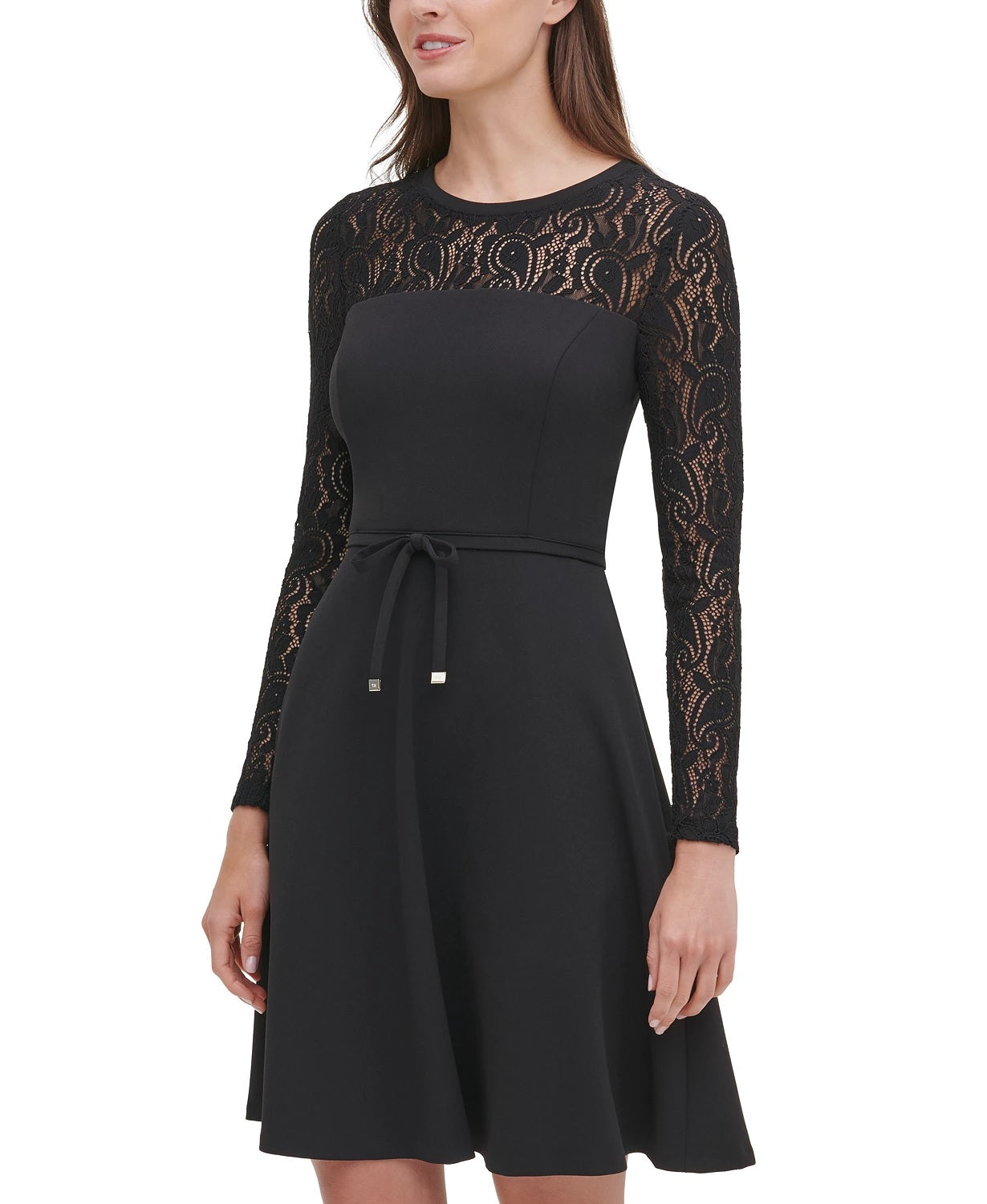Tommy Hilfiger Women's Lace-Sleeve Fit & Flare Dress Black Size 14