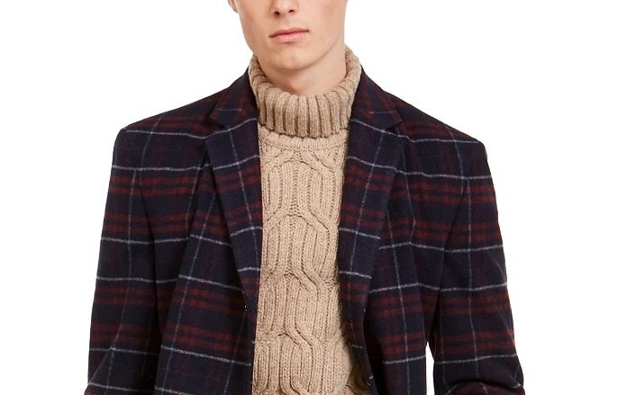 Tommy Hilfiger Men's Modern-Fit Performance Stretch Flex Plaid Addison Overcoat Red Size 40 R/M37.5