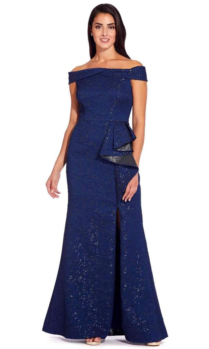 Adrianna Papell Women's Off The Shoulder Gown Navy Size 8