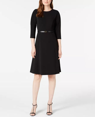 Calvin Klein Women's Belted Pleated Sleeve Dress Black Size 8