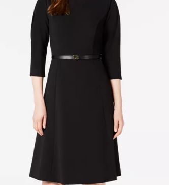 Calvin Klein Women's Belted Pleated Sleeve Dress Black Size 8