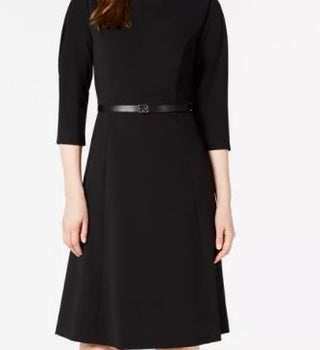 Calvin Klein Women's Belted Pleated Sleeve Dress Black Size 8