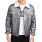 Michael Kors Men's Silver Metallic Denim Shearling Collar Moto Biker Jacket Silver Size Large