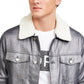 Michael Kors Men's Silver Metallic Denim Shearling Collar Moto Biker Jacket Silver Size Large