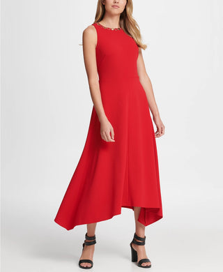 DKNY Women's Gold Link Neck Trim Midi Dress Red Size 10