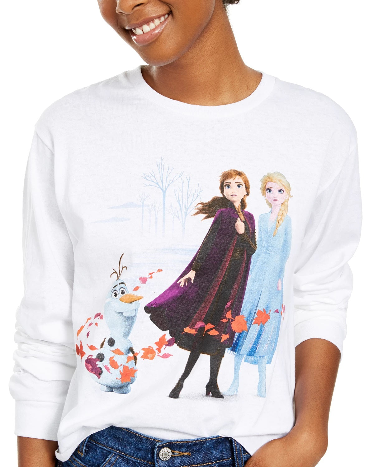 Mad Engine Juniors' Disney Long Sleeve Cotton Frozen Graphic T-Shirt White Size X-Large