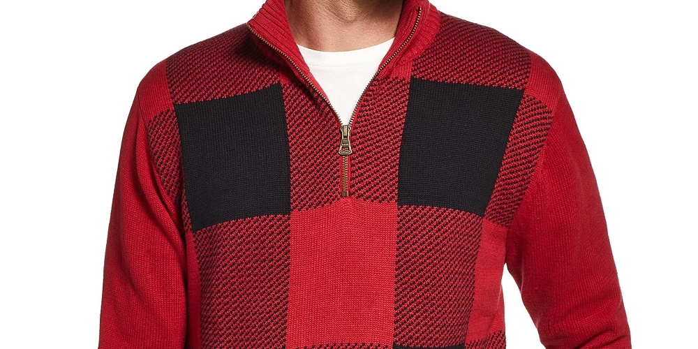 Weatherproof Vintage Men's Quarter Zip Buffalo Plaid Sweater Red Size Medium