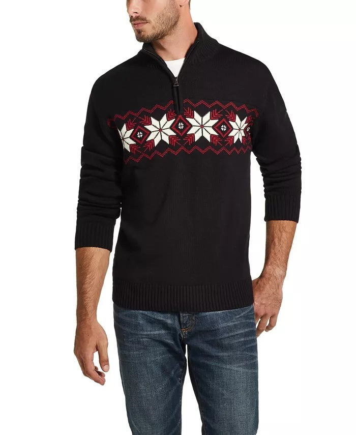 Weatherproof Vintage Men's Snowflake Quarter Zip Sweater Black Size Large