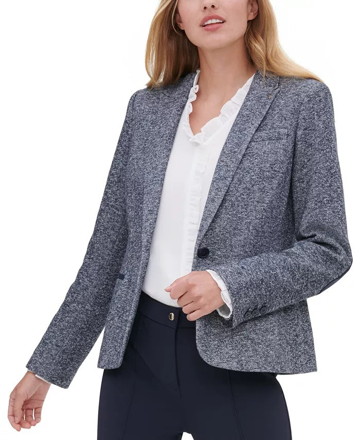 Tommy Hilfiger Women's Marled Single-Button Blazer Blue Size 16