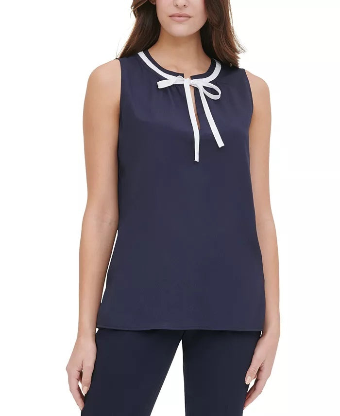 Tommy Hilfiger Women's Contrast-Trim Tie-Neck Blouse Dark Blue Size Large