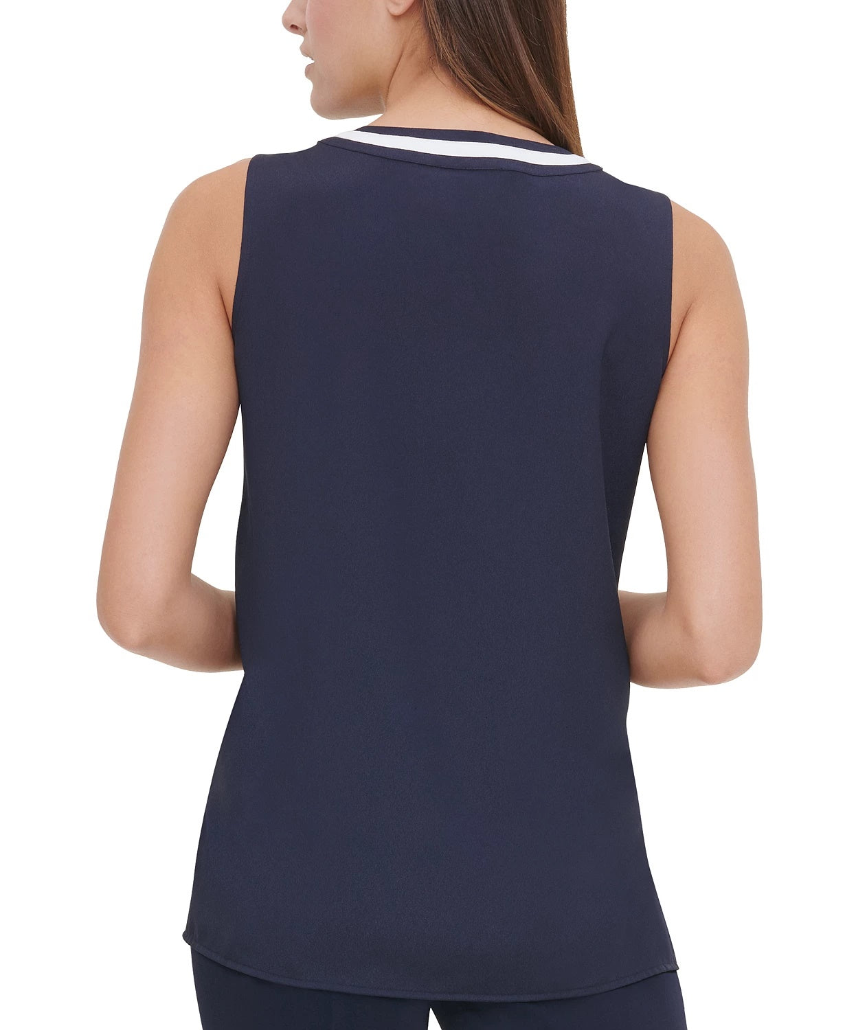 Tommy Hilfiger Women's Contrast-Trim Tie-Neck Blouse Dark Blue Size Large