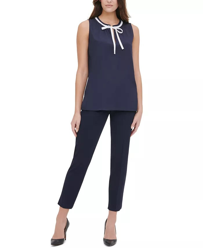 Tommy Hilfiger Women's Contrast-Trim Tie-Neck Blouse Dark Blue Size Large