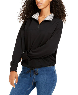 Hippie Rose Junior's Sherpa Lined Quarter Zip Sweatshirt Black Size Large