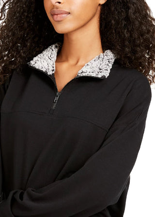 Hippie Rose Junior's Sherpa Lined Quarter Zip Sweatshirt Black Size Large