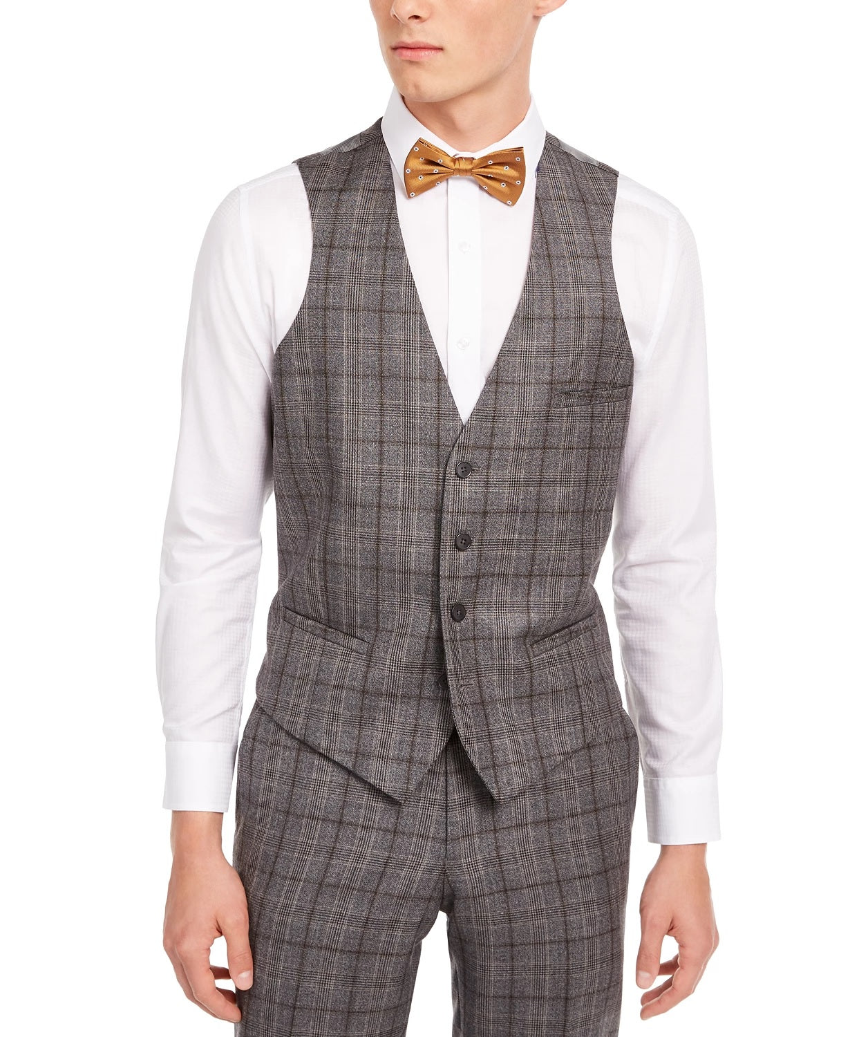 Bar III Men's Slim-Fit Gray/Brown Plaid Suit Separate Vest Gray Size X-Large