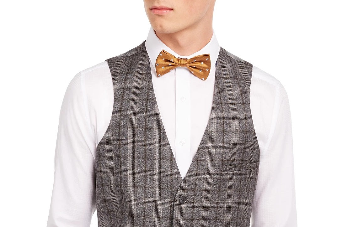 Bar III Men's Slim-Fit Gray/Brown Plaid Suit Separate Vest Gray Size X-Large