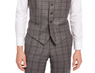 Bar III Men's Slim-Fit Gray/Brown Plaid Suit Separate Vest Gray Size X-Large