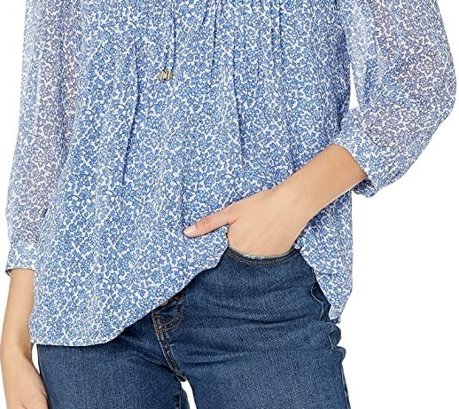 Tommy Hilfiger Women's Pintucked Printed Blouse Blue Size X-Large