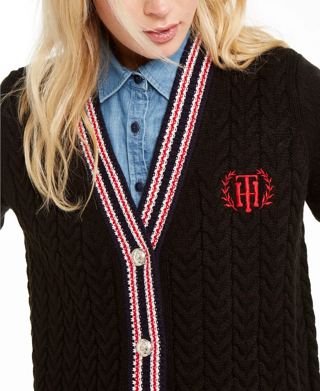 Tommy Hilfiger Women's Cable Knit Varsity Cardigan  Black Size XX-Large