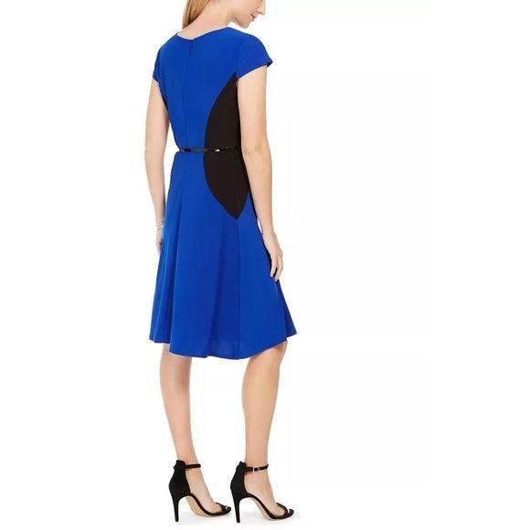 Jessica Howard Women's Belted Colorblocked Fit & Flare Dress Blue Size 16