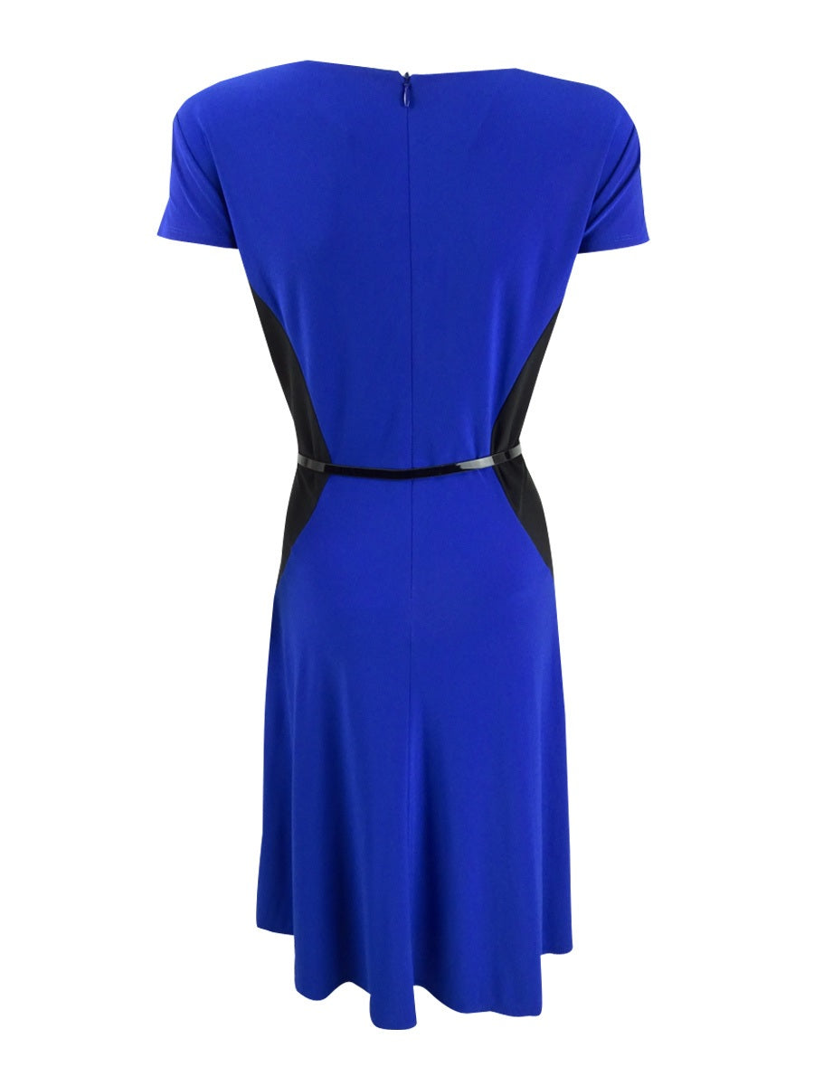 Jessica Howard Women's Belted Colorblocked Fit & Flare Dress Blue Size 16