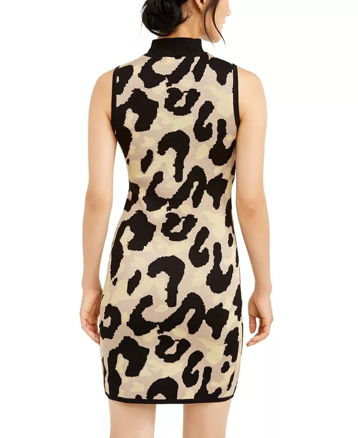 Planet Gold Juniors' Glitter Leopard-Print Sweater Dress Yellow Size X-Small
