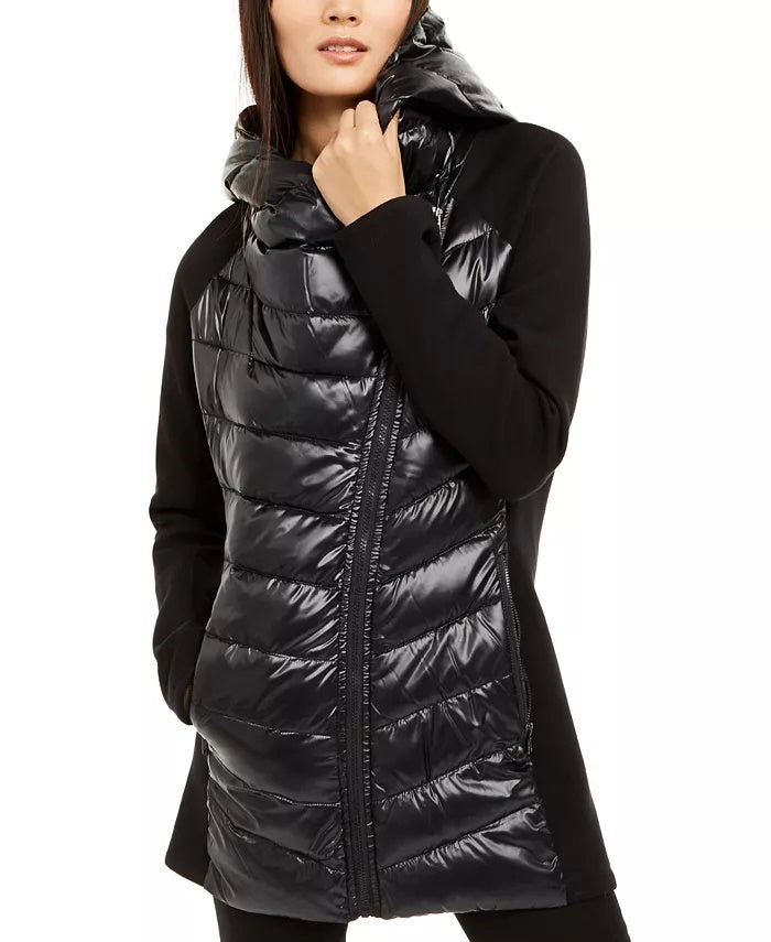 Calvin Klein Women's Asymmetrical Mixed-Media Puffer Jacket Black Size X-Large
