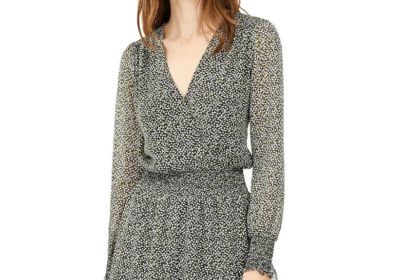 Michael Kors Women's Green Floral Long Sleeve Short Wrap Dress  Green Size Large