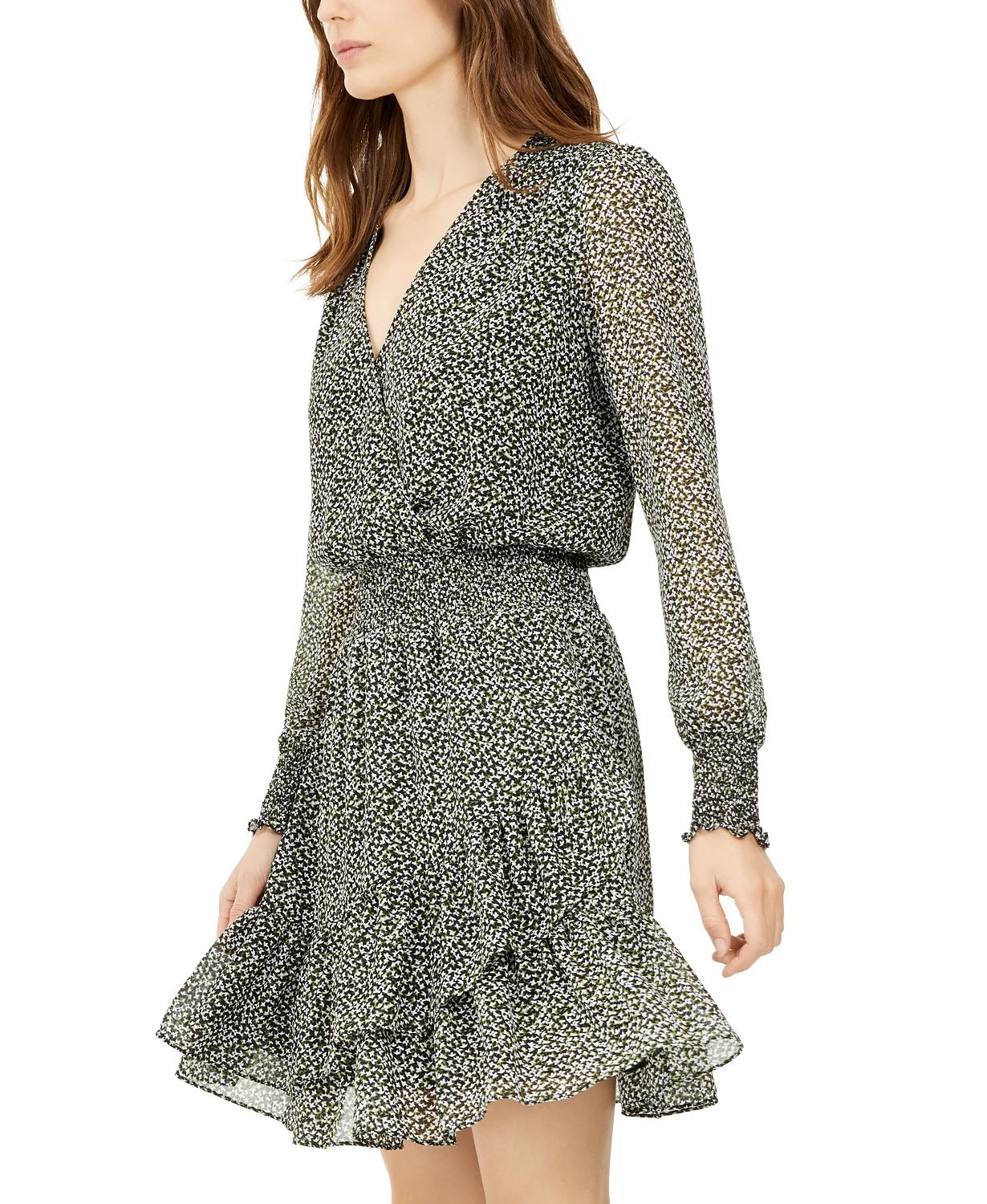 Michael Kors Women's Green Floral Long Sleeve Short Wrap Dress  Green Size Large