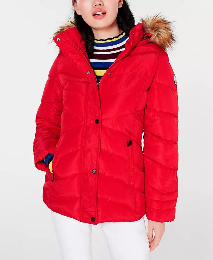 Madden Girl Juniors' Hooded Faux-Fur-Trim Puffer Coat Red Size Medium