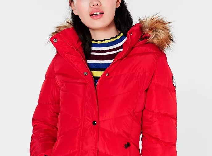 Madden Girl Juniors' Hooded Faux-Fur-Trim Puffer Coat Red Size Medium